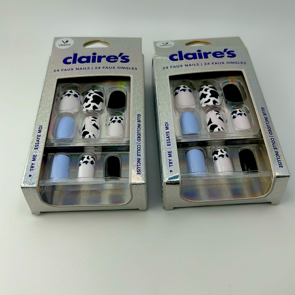 2pcs Claire’s 24 Faux Nails Short Square Multicolor Cow W/Glue Vegan-New